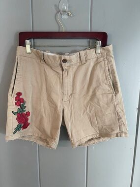 J Crew Chino Short Khaki Red Flower Embroidered size 31 Preppy Tomato Girl